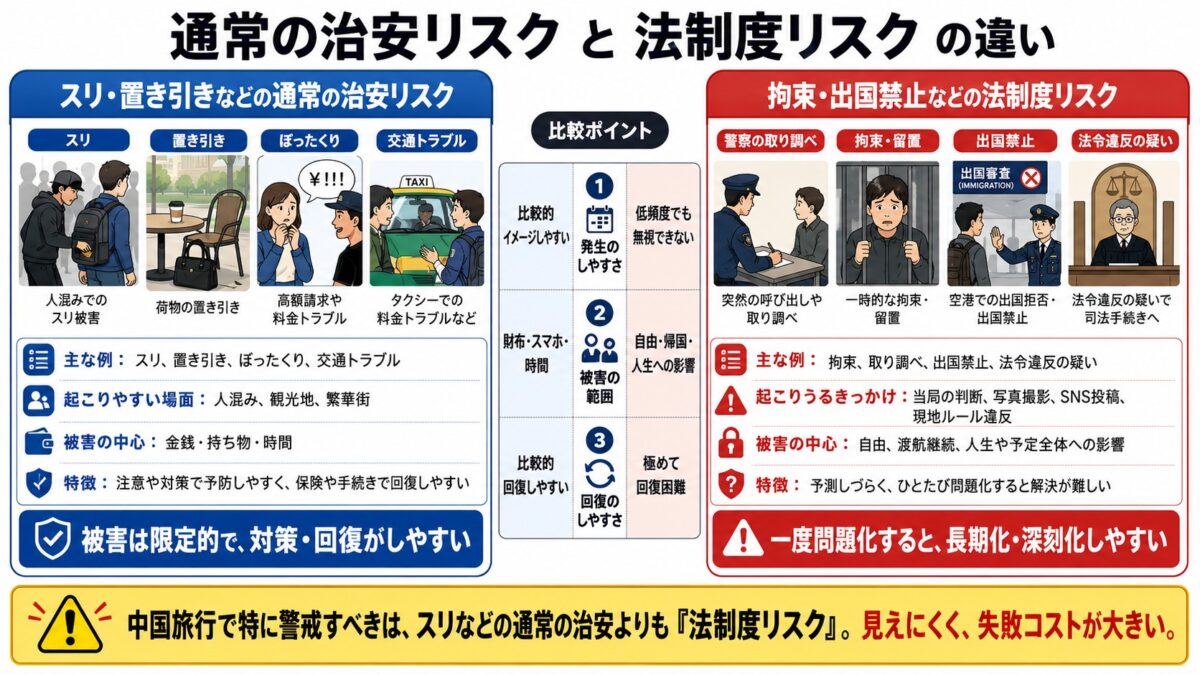 【画像挿入：「スリや置き引きなどの通常の治安リスク」と「拘束や出国禁止などの法制度リスク」の違いを対比させた図解】