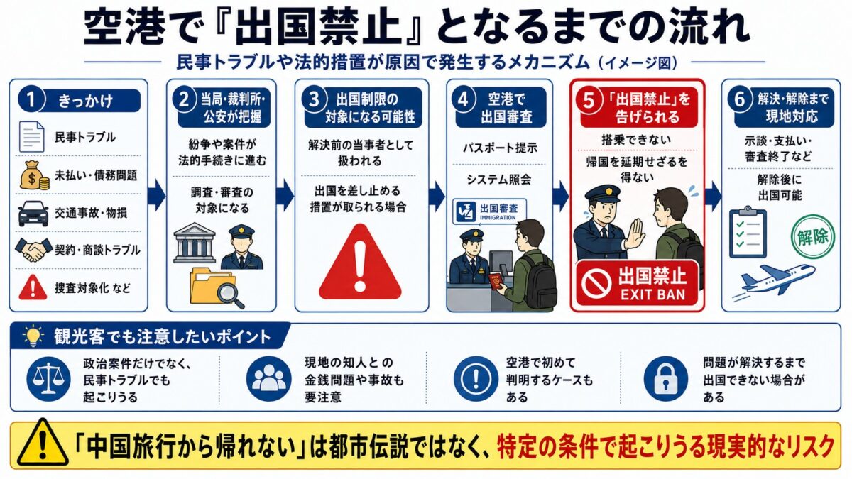 【画像挿入：民事トラブルや法的措置が原因で、空港で「出国禁止」を言い渡されるメカニズムを図式化したフローチャート】