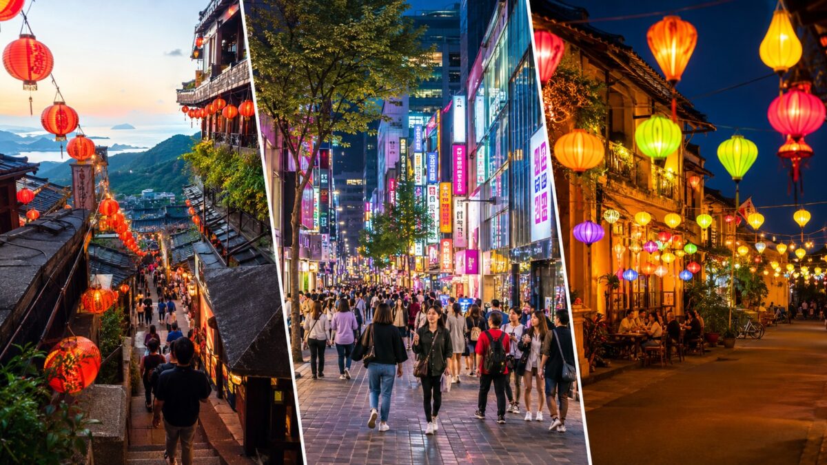 【画像挿入：台湾の九份、韓国の明洞、ベトナムのランタンなど、代替先となるアジアの魅力的な旅行先をまとめた分割イメージ画像】