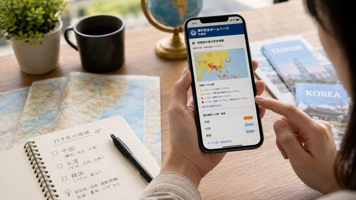 【画像挿入：スマートフォンで外務省の安全情報を確認している旅行者の手元と、渡航先の選択肢（中国・台湾・韓国など）を思案している様子を表現したイメージ画像】